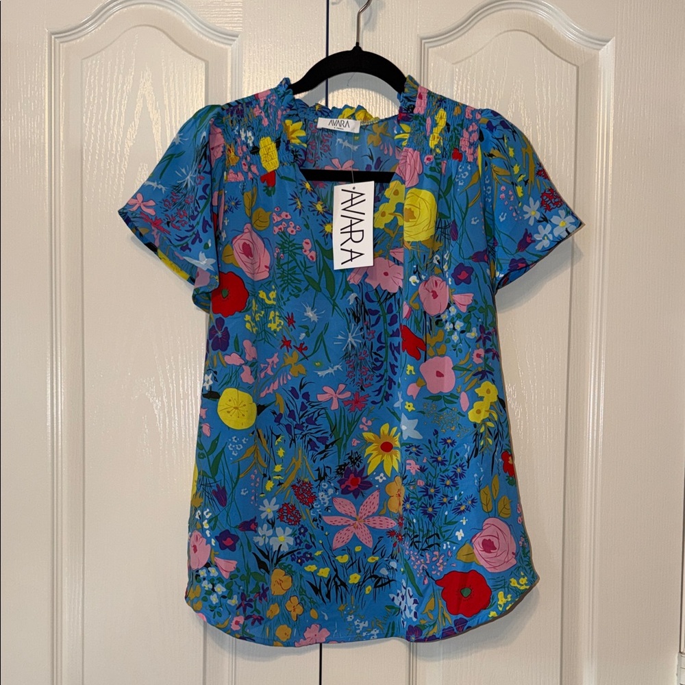 Avara Marsha Top Blue Floral Women's Top Size X Small NWT